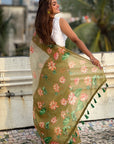 Green Chanderi Cotton Pichwai Printed Saree with Zari Woven Border