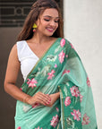 Sea Green Chanderi Cotton Pichwai Printed Saree with Zari Woven Border