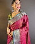 Pink Soft Kashmiri Silk Zari Woven Contrast Saree