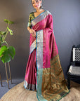 Pink Soft Kashmiri Silk Zari Woven Contrast Saree