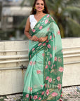 Sea Green Chanderi Cotton Pichwai Printed Saree with Zari Woven Border