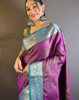 Purple Soft Kashmiri Silk Zari Woven Contrast Saree