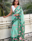 Sea Green Chanderi Cotton Pichwai Printed Saree with Zari Woven Border