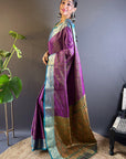 Purple Soft Kashmiri Silk Zari Woven Contrast Saree