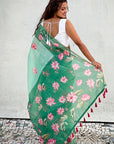 Sea Green Chanderi Cotton Pichwai Printed Saree with Zari Woven Border