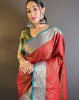 Red Soft Kashmiri Silk Zari Woven Contrast Saree