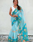 Sky Blue Chanderi Cotton Pichwai Printed Saree with Zari Woven Border