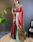 Red Soft Kashmiri Silk Zari Woven Contrast Saree