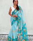 Sky Blue Chanderi Cotton Pichwai Printed Saree with Zari Woven Border