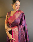 Violet Soft Kashmiri Silk Zari Woven Contrast Saree