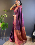 Violet Soft Kashmiri Silk Zari Woven Contrast Saree