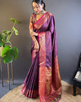 Violet Soft Kashmiri Silk Zari Woven Contrast Saree