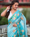 Sky Blue Chanderi Cotton Pichwai Printed Saree with Zari Woven Border