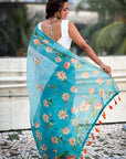 Sky Blue Chanderi Cotton Pichwai Printed Saree with Zari Woven Border