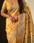 Light Yellow Baluchari Silk Zari Woven Saree
