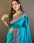 Blue Soft Silk Floral Border Contrast Zari Woven Saree