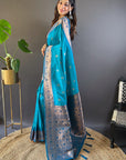 Blue Soft Silk Floral Border Contrast Zari Woven Saree