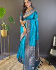 Blue Soft Silk Floral Border Contrast Zari Woven Saree