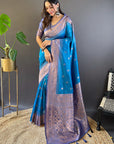 Blue with Lavender Soft Silk Floral Border Contrast Zari Woven Saree