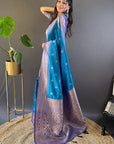 Blue with Lavender Soft Silk Floral Border Contrast Zari Woven Saree