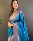 Blue with Lavender Soft Silk Floral Border Contrast Zari Woven Saree