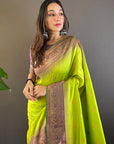 Pistachio Green Soft Silk Floral Border Contrast Zari Woven Saree