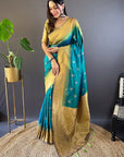 Sea Green Soft Silk Floral Border Contrast Zari Woven Saree