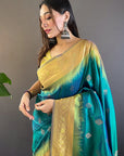 Sea Green Soft Silk Floral Border Contrast Zari Woven Saree