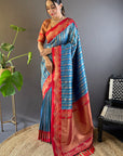 Blue Contrast Zari Woven Silk Saree With Satin Unique Border