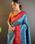 Blue Contrast Zari Woven Silk Saree With Satin Unique Border