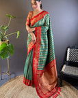 Green with Red Contrast Zari Woven Silk Saree With Satin Unique Border