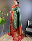 Green with Red Contrast Zari Woven Silk Saree With Satin Unique Border