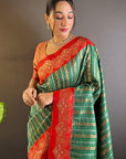 Green with Red Contrast Zari Woven Silk Saree With Satin Unique Border