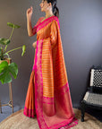 Orange Contrast Zari Woven Silk Saree With Satin Unique Border