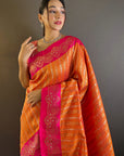 Orange Contrast Zari Woven Silk Saree With Satin Unique Border