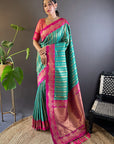 Green with Pink Contrast Zari Woven Silk Saree With Satin Unique Border