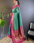 Green with Pink Contrast Zari Woven Silk Saree With Satin Unique Border