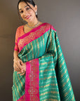 Green with Pink Contrast Zari Woven Silk Saree With Satin Unique Border