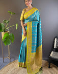 Sky Blue Contrast Zari Woven Silk Saree With Satin Unique Border