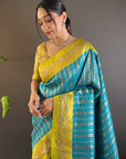 Sky Blue Contrast Zari Woven Silk Saree With Satin Unique Border