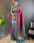 Dark Pink Contrast Zari Woven Silk Saree With Satin Unique Border