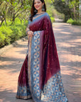 Maroon Soft Silk Floral Border Contrast Zari Woven Saree