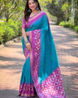 Sky Blue Soft Silk Floral Border Contrast Zari Woven Saree