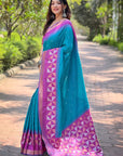 Sky Blue Soft Silk Floral Border Contrast Zari Woven Saree