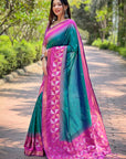 Green Soft Silk Floral Border Contrast Zari Woven Saree