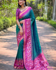 Green Soft Silk Floral Border Contrast Zari Woven Saree