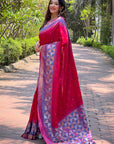 Hot Pink Soft Silk Floral Border Contrast Zari Woven Saree