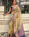 Green Tissue Crush Silk Floral Printed Saree with Zari Woven Border