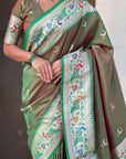 Mehendi Green Chandrakor Paithani Silk Banarasi Zari Woven Saree