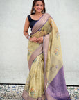 Green Tissue Crush Silk Floral Printed Saree with Zari Woven Border